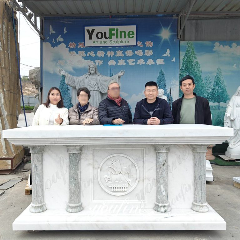 Artists and clients with marble altars