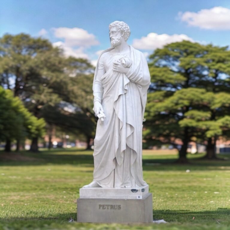 white marble statue of peter holding keys